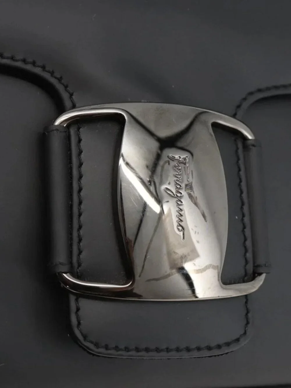 Salvatore Ferragamo Vala Shoulder Bag PVC Canvas Black Silver Auth gh1939